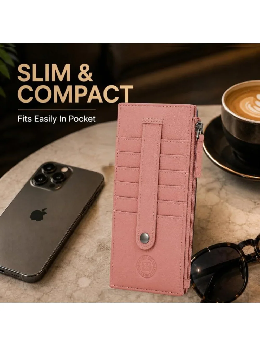 Slim Leather Card Case Holder Wallet with Protection Strap - Peach Color